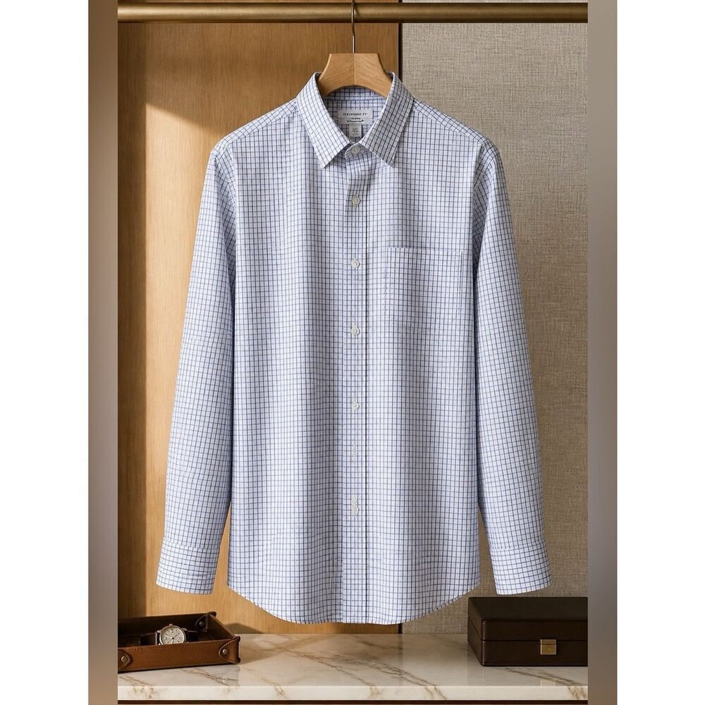 Amazon Essentials Men's White and Black Plaid Shirt 18 34/35